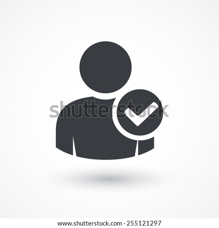 User profile sign web icon with check mark glyph. User authorized vector illustration design element. Flat style design icon. Account verified icon. Checked verified profile symbol. User accepted. Ok