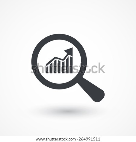 Analysis trend growth icon. Magnifying glass and rising bars chart graph. Review market tendency data icon