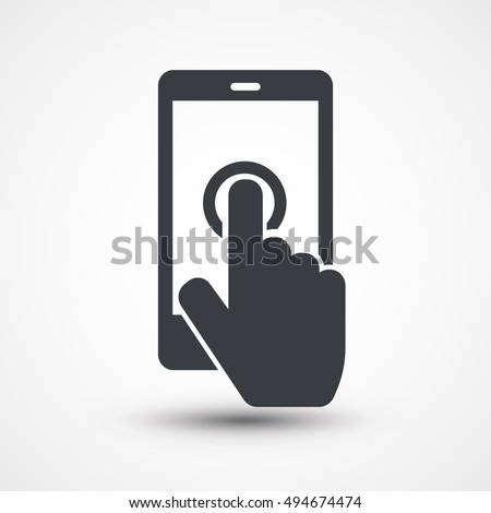 Hand touch smartphone icon. Smartphone icon, using cellphone, finger touch phone screen, tablet touchscreen vector. Hand finger tap, click, point, gesture