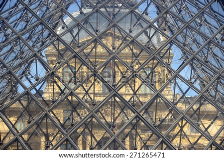 FRANCE, Paris 15 April 2015: Part of Glass Pyramid entrance to Louvre in Paris, France