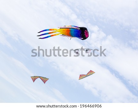 Great octopus-like kite in the group of small kites (Moscow, Russia)