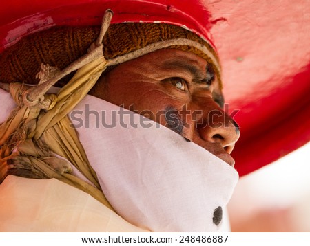 Korzok, INDIA - JUL 23: The monk performs a religious black hat dance during the Cham Dance Festival on Jul 17, 2012 in Korzok, India.