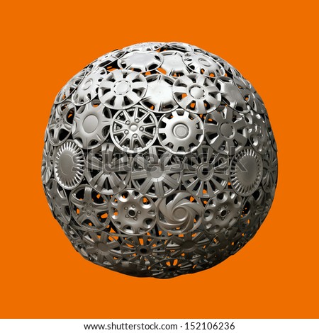 image of advertising ball made of automobile hubcaps over monochromatic background