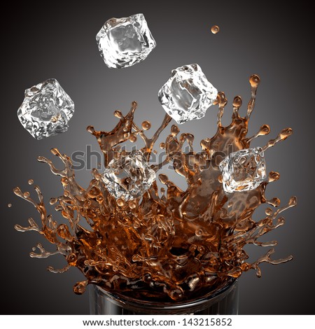 splashing drink, glass, falling ice cubes, isolated on white background
