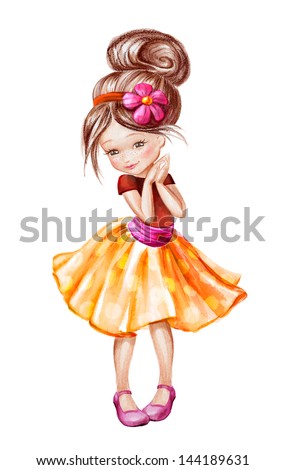 cute beautiful happy little girl, watercolor painting isolated on white background
