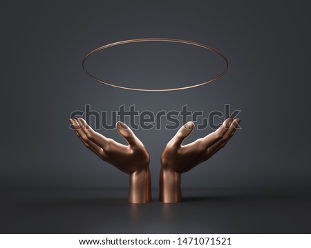 3d render, golden woman mannequin hands isolated on black background, floating halo, open palms, holding gold ring, round blank frame, abstract fashion, luxury minimal mockup, simple clean design