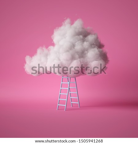 3d render, white fluffy cloud above the blue ladder, isolated on pink background