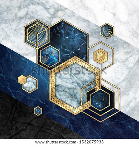 abstract geometric background, hexagonal shapes. Modern marble mosaic inlay, art deco wallpaper. Geometrical fashion illustration. Blue gold black honeycomb with artificial stone texture.