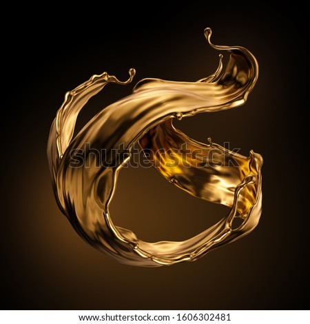 3d rendering, shiny gold liquid splash, metallic wave, swirl, cosmetic oil, golden splashing clip art, artistic paint, abstract design element isolated on black background. Luxury beauty concept