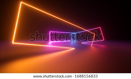 3d render, abstract colorful neon background. Stage laser show illumination. Rectangular geometric shapes, square frames, virtual reality. Glowing neon lines. Modern design