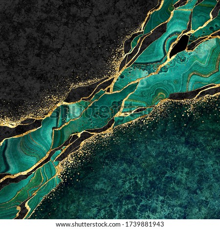 abstract black marble green malachite background with golden veins, japanese kintsugi technique, fake painted artificial stone texture, marbled surface, digital marbling illustration Photo stock © 