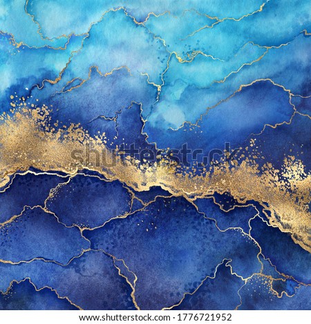 abstract blue marble background with golden veins, painted artificial marbled surface, fake stone texture, liquid paint, gold foil and glitter decor, fashion marbling illustration