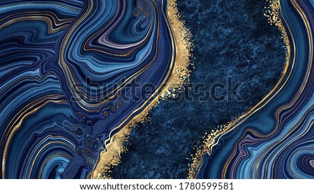 abstract background blue marble agate granite mosaic with golden veins, japanese kintsugi technique, fake painted artificial stone texture, marbled surface, digital marbling illustration