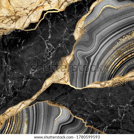 abstract background, black marble and agate mosaic with golden veins, japanese kintsugi technique, fake painted artificial stone texture, marbled wallpaper, digital marbling illustration