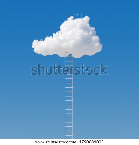 3d render, ladder reaches the white cloud on the blue sky. Motivation metaphor, surreal dream, challenge concept