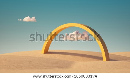 3d render, Surreal desert landscape with yellow arch and white clouds in the blue sky on sunny day. Modern minimal abstract background