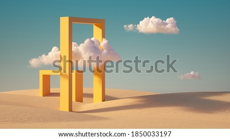 3d render, Surreal desert landscape with white clouds going into the yellow square portals on sunny day. Modern minimal abstract background