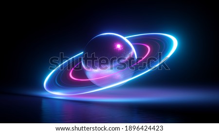 3d render, abstract planet symbol, geometric shape with neon light, levitating metallic ball with glowing ultraviolet rings Imagine de stoc © 