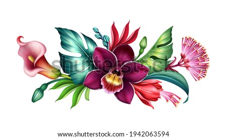 digital illustration of horizontal floral arrangement, botanical composition with assorted tropical flowers and green leaves isolated on white background, colorful bouquet Stockfoto © 