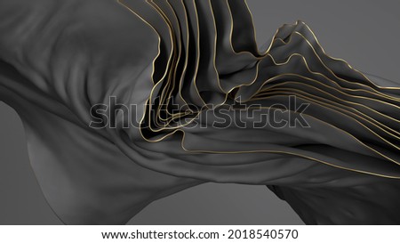 3d render, abstract background with drapery layers and folded textile ruffle, black cloth macro with golden edges, wavy fashion wallpaper