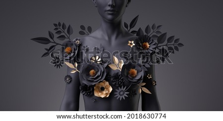 3d render, dramatic floral female bust, black mannequin decorated with golden paper flowers, woman silhouette isolated on black background. Breast cancer support. Modern botanical sculpture