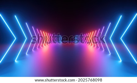 3d render, abstract geometric background with neon glowing arrows, forward direction concept