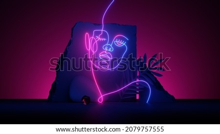 3d render. Abstract woman portrait glowing with pink blue neon light. Linear art with broken cobble stones, concrete blocks, rocks and tropical leaves. Futuristic minimal fashion scene