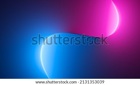 3d render, abstract pink blue neon background with glowing curvy line. Dark wall illuminated with led lamps. Minimal wallpaper 商業照片 © 