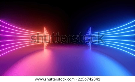 3d render, abstract minimalist geometric background. Two counter neon arrows approaching each other. Contradiction concept ストックフォト © 