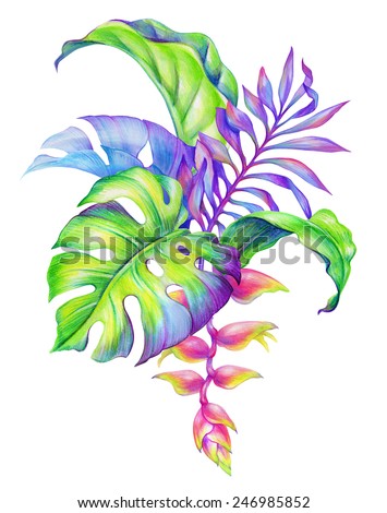 Abstract Tropical Leaves And Flowers, Jungle Plants, Watercolor ...