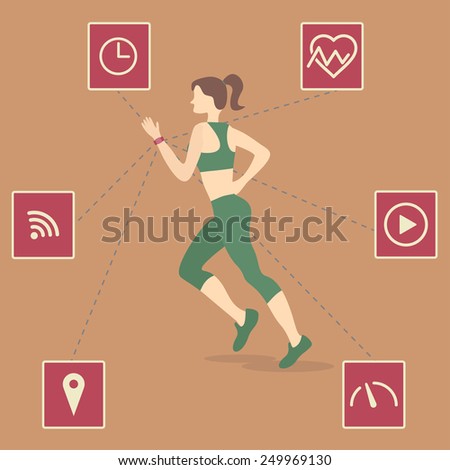 Running girl with wearable technologies (small monitor on the hand) and icons of the options of such devices