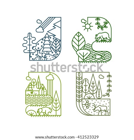 Vector concept and infographic design elements in linear style - animals in natural habitat, the preservation and protection of nature