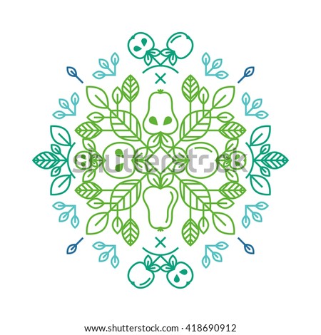 Mandala pattern with entwined leaves and apples in a linear style