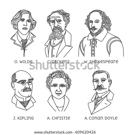 Portraits of English famous writers. O. Wilde, C. Dickens, W. Shakespeare, J. Kipling, A. Christie, A. Conan Doyle