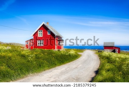 Image, Stock Photo Red house facade with patterns around the windows