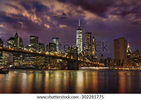 Brooklyn Bridge and Financial District, New York, at Night