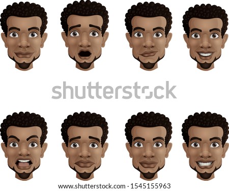 Set of male facial emotions. Black african american businessman with different face expressions