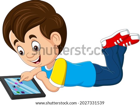 Cartoon happy little boy using tablet
