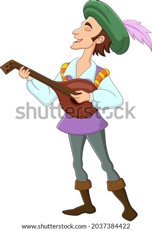 Medieval bard playing musical instrument with lute