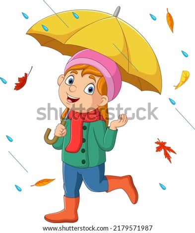 Cartoon little girl holding umbrella in the rain and falling autumn leaves