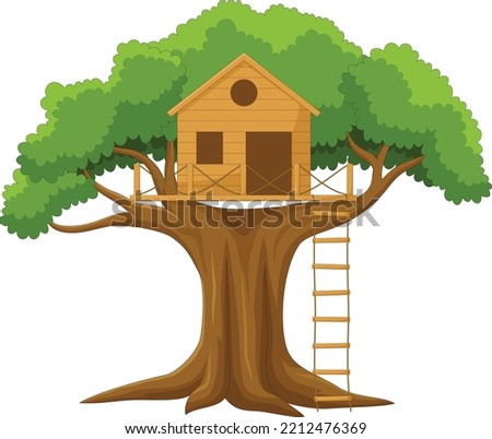 Cute tree house cartoon in the garden