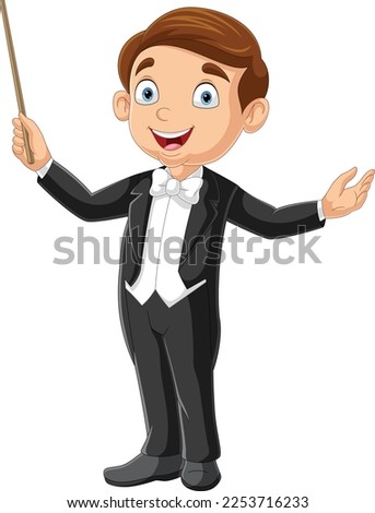 Cartoon boy conductor directing with baton