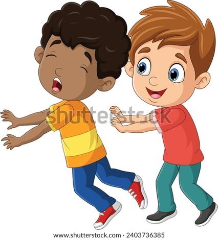 Cartoon little boy pushing his friend