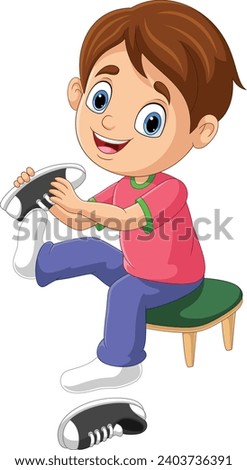 Image, Stock Photo A boy is putting on a diving mask ready to swim in the sea. White yacht is on the background