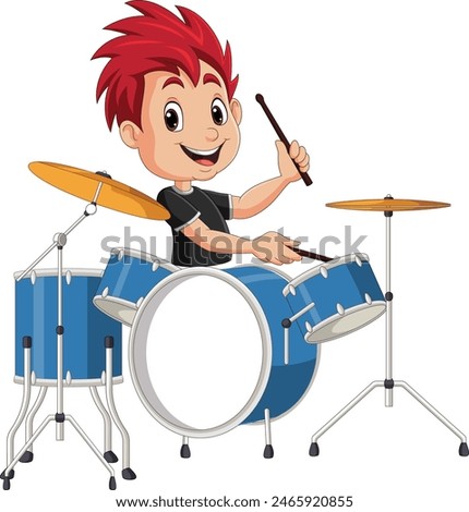 Cartoon little boy playing a drum set