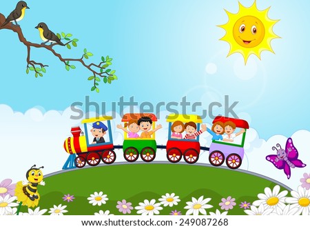 Happy kids on a colorful train