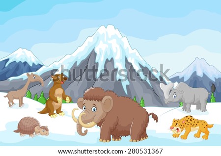 Collection of ice age animals with mountains