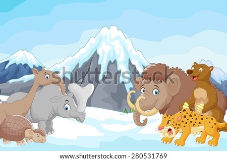 Collection of ice age animals with icebergs