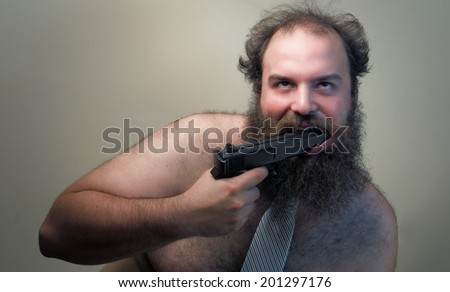 A suicidal crazed businessman loses his shirt and holds a gun to his mouth