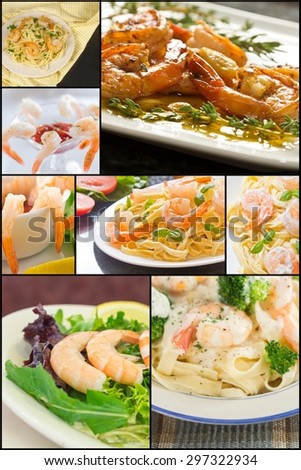 Variety of shrimp dishes and appetizers in seafood collage imagery